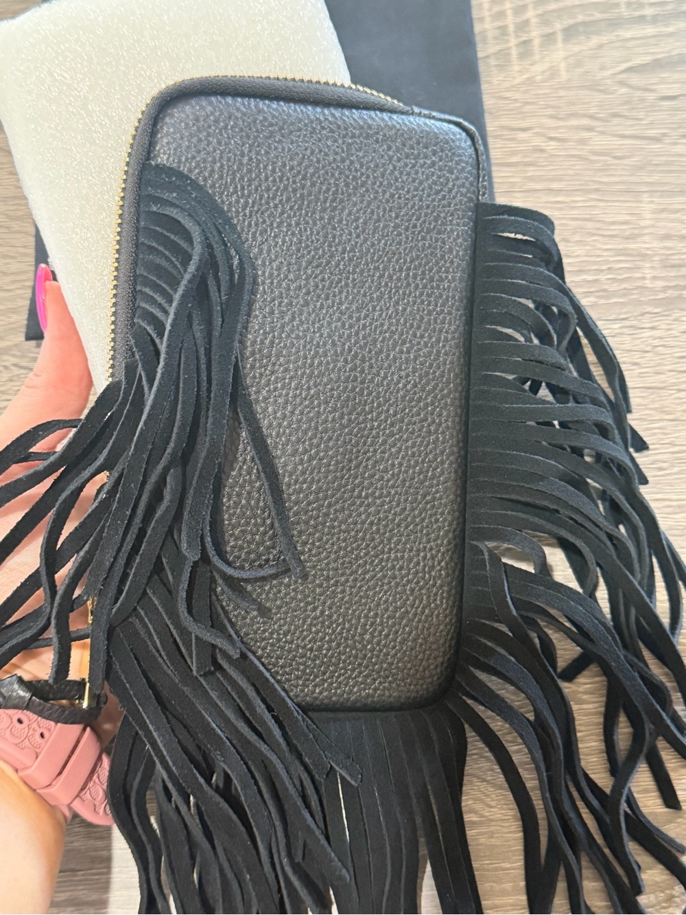Bandolier Black Leather Fringe Pouch with Gold Zip - Picture 3 of 5